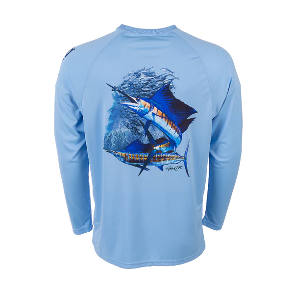 Bimini Bay Outfitters Hook M' Men's Long Sleeve Performance Shirt - Sail Fish Placid Blue
