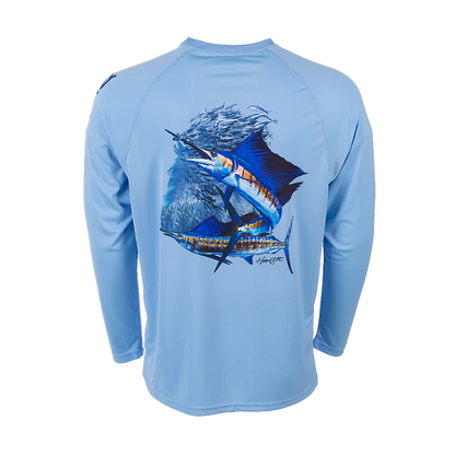 Bimini Bay Outfitters Hook M' Men's Long Sleeve Performance Shirt - Sail Fish Placid Blue