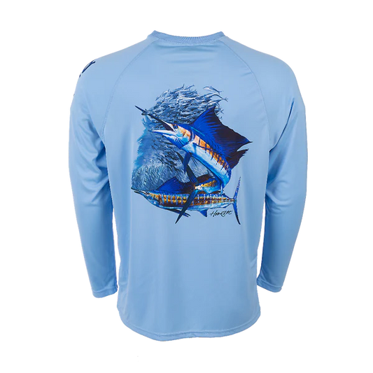 Bimini Bay Outfitters Hook M' Men's Long Sleeve Performance Shirt - Sail Fish Placid Blue