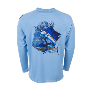Bimini Bay Outfitters Hook M' Men's Long Sleeve Performance Shirt - Sail Fish Placid Blue